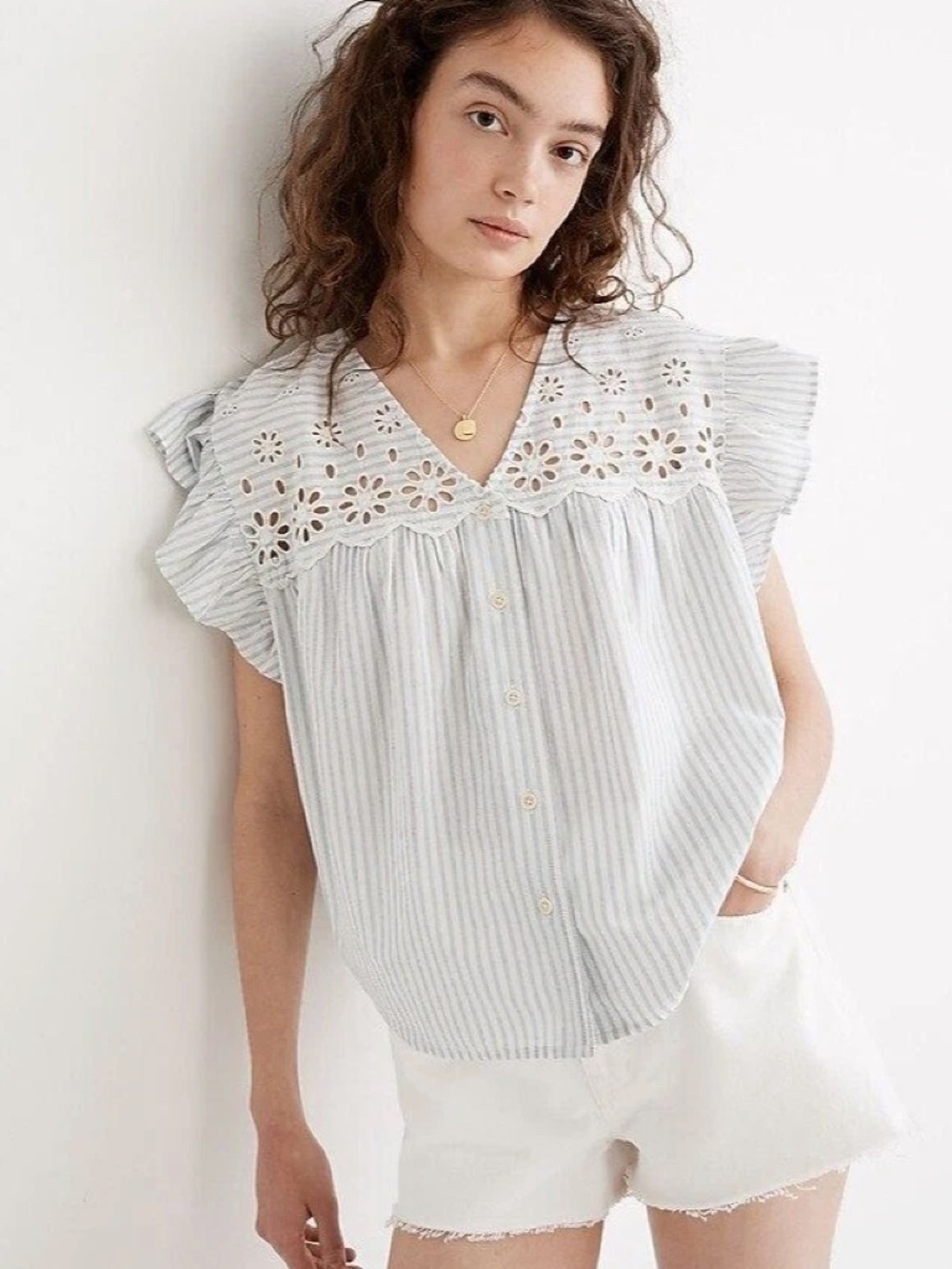 Madewell - Striped Eyelet Embroidered Ruffle Sleeve Blouse Medium